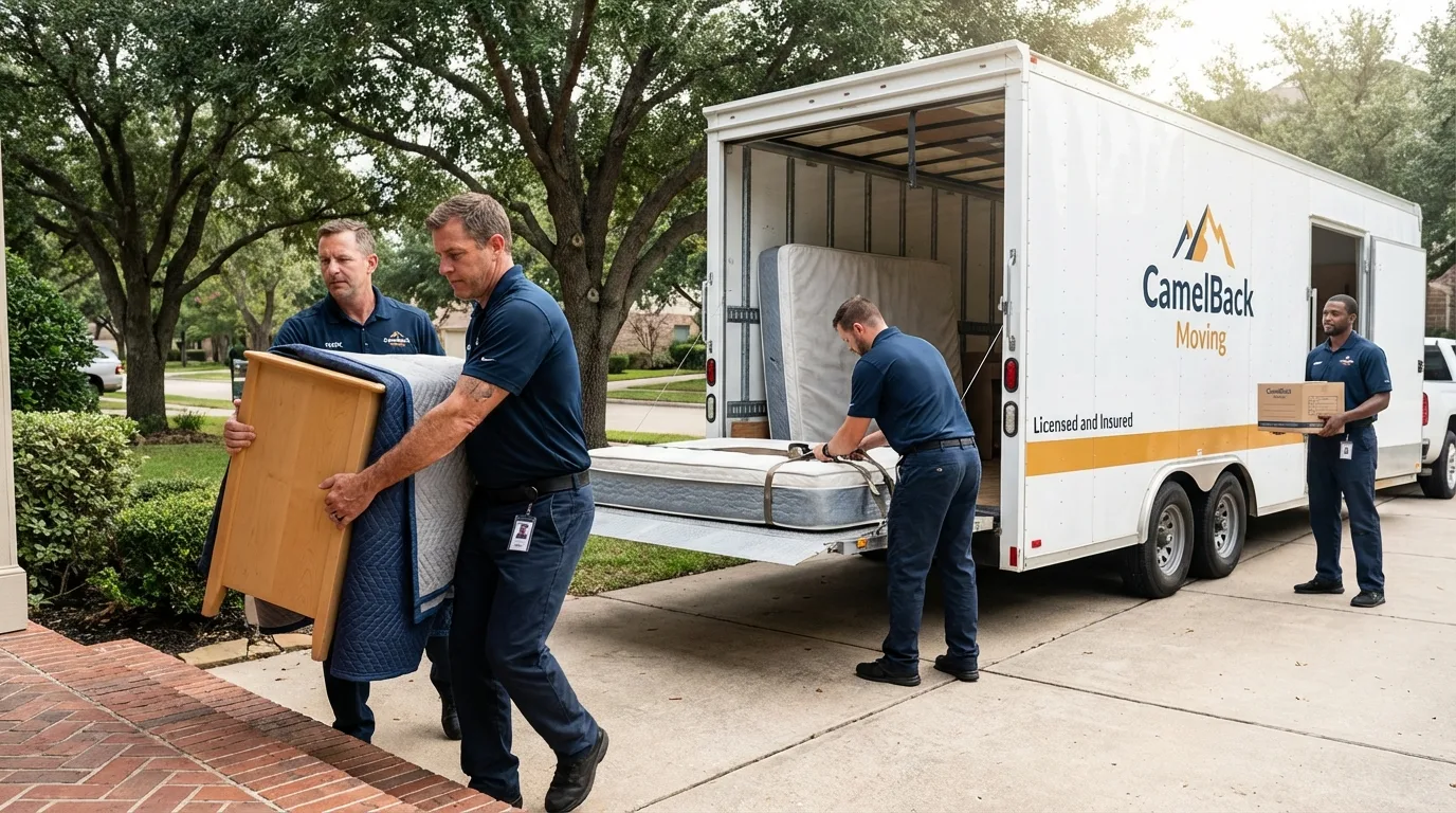 Crew loading residential truck for cross-state move from Fairport, NY