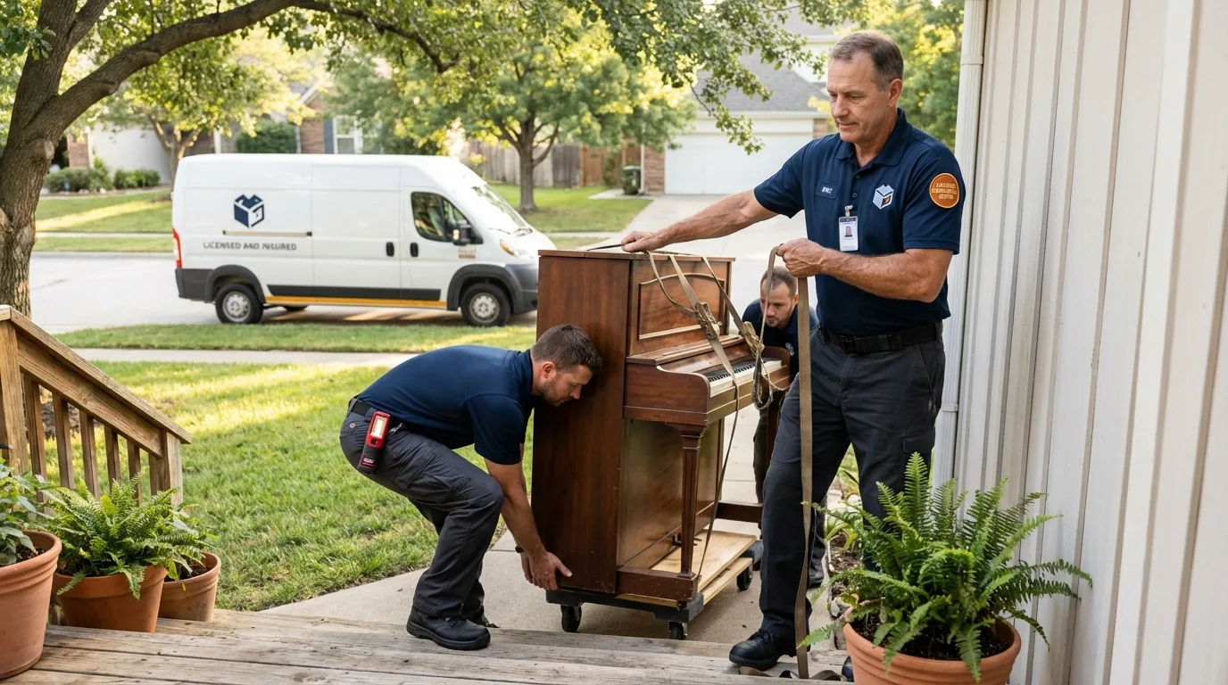 Licensed piano movers securing grand piano in Fairport, NY