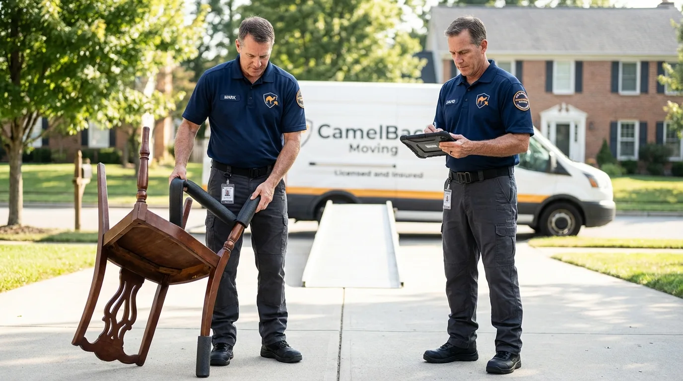 Movers inspecting furniture for damage prevention before loading in Fairport, NY