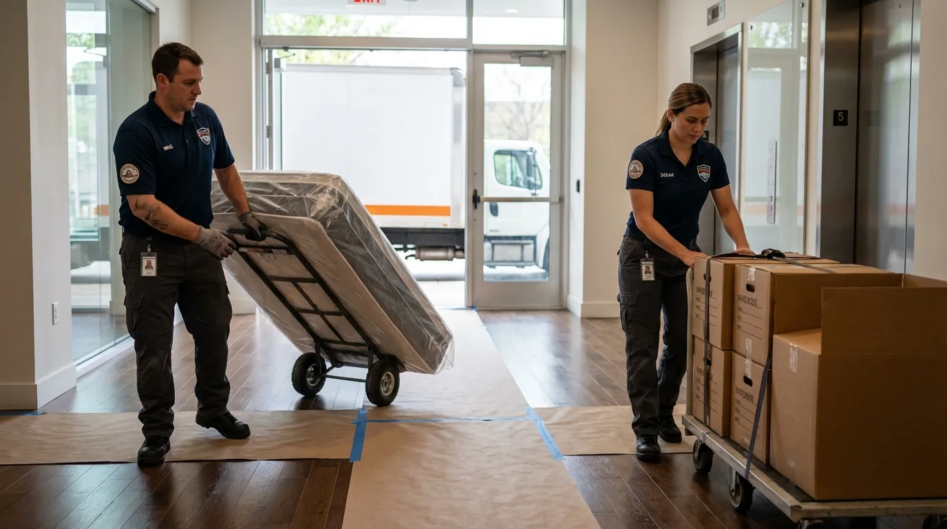Professional apartment movers loading elevator in Fairport, NY