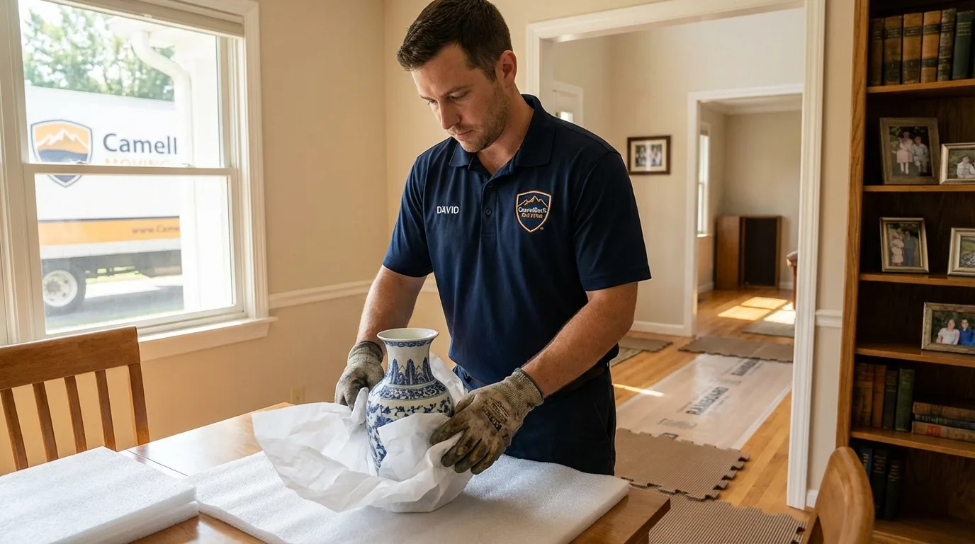 Professional crew carefully wrapping antique vase for senior downsizing move in Fairport, NY